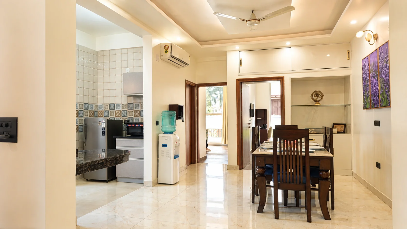 Modern light fixtures and beautiful interior aesthetics in our Dehradun bnb dining hall